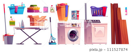 Laundry room equipment set isolated on white 111527874