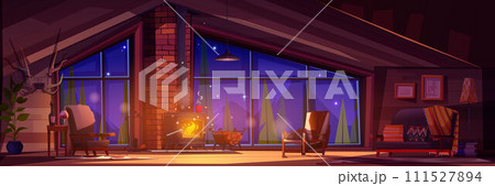 Wooden chalet interior with fireplace at night Wooden chalet interior with fireplace at night 111527894