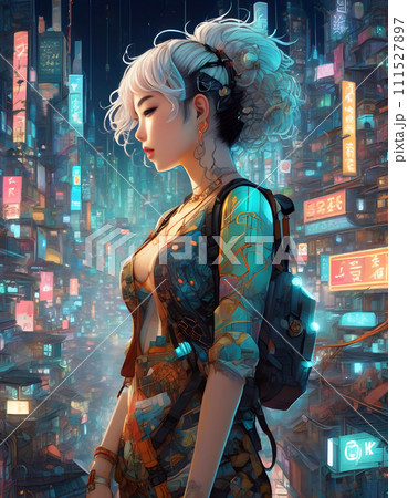 若い女の子が異世界をさまようサイバー空間のスナップショット。 111527897