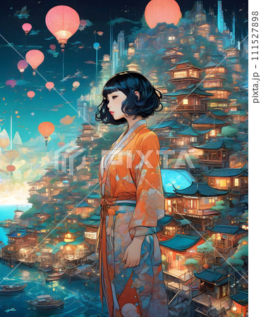 若い女の子が異世界をさまようサイバー空間のスナップショット。 若い女の子が異世界をさまようサイバー空間のスナップショット。 111527898