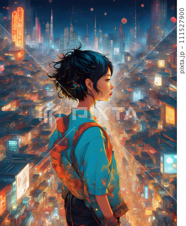 若い女の子が異世界をさまようサイバー空間のスナップショット。 若い女の子が異世界をさまようサイバー空間のスナップショット。 111527900