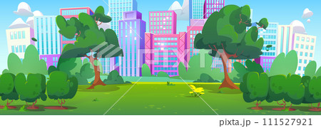City park with green trees, grass and flowers 111527921