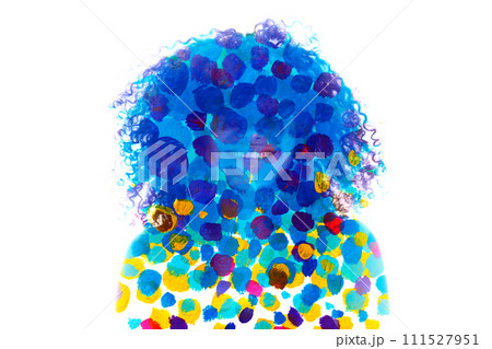 A full-front double exposure paintography portrait of a young smiling woman 111527951