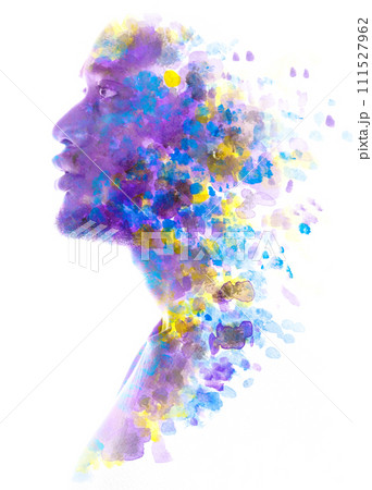 A disappearing colorful paintography double exposure male profile portrait 111527962