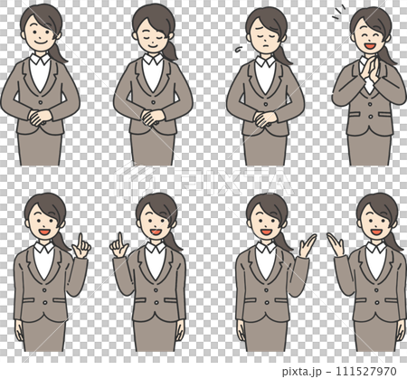穿著西裝的年輕女子的多組面部表情 111527970