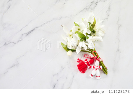 A bouquet of snowdrops flowers and a red-white martenitsa, a symbol of the holiday on March 1, Martisor, Baba Marta. 111528178