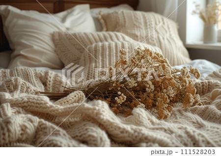 AI-generated content. Modern and bohemian composition of interior with plaid, pillow, dry plants, 111528203