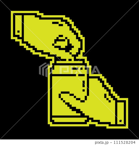 Pixel silhouette icon, hand opens aluminum can for soft drinks. Storing cocktails and soda in jar. Simple black and yellow vector isolated 111528204