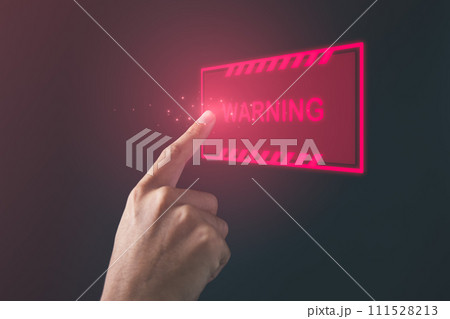 Businessman pointing red warning alert screen. System alert for virus,spam,scam and phishing. Cyber security, data security system concept. 111528213