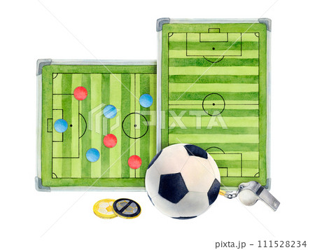 Soccer football field pitch watercolor drawing. Gridiron playing surface oval. Green line pentagon ball. Sports gear train team. Coin token bet match diagram. Design diagram stadium world whistle 111528234