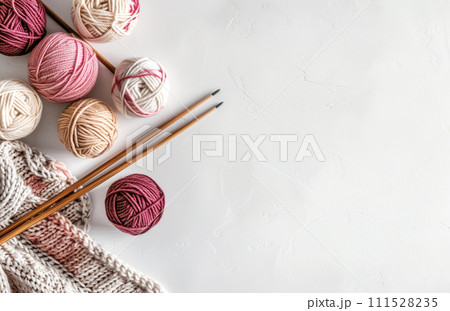 AI-generated content. A piece of knitting with ball of yarn and a knitting needles 111528235