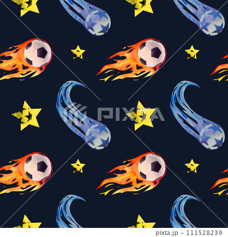 Soccer football comet pattern watercolor drawing. Seamless sports gear. Yellow star pentagon ball tail. Leather black background. Flying rocket kick off. Fire flame stadium international. Play win 111528239