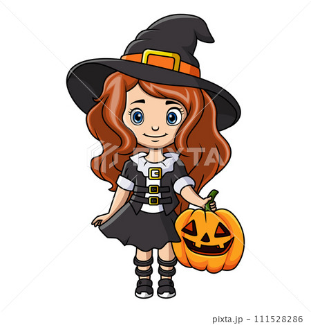 Cute little witch girl cartoon with a pumpkin  111528286