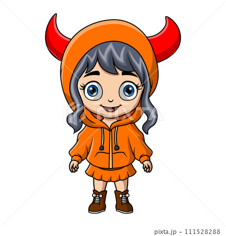 Cute little girl cartoon wearing red devil costume Cute little girl cartoon wearing red devil costume 111528288