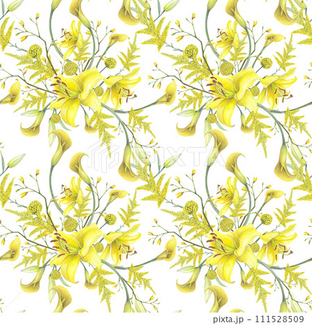 Lilies Yellow flower, calla lilies, craspedia seamless pattern isolated white background. Watercolor hand drawn botanic illustration. Art design wedding invitation, greeting card, decoration graphic 111528509