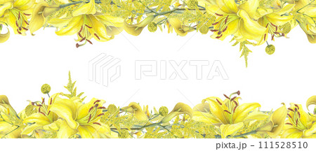 Lilies Yellow flower, calla lilies, craspedia seamless border isolated on white background. Watercolor hand drawn botanic illustration. Art design wedding invitation, greeting card, decoration graphic Lilies Yellow flower, calla lilies, craspedia seamless border isolated on white background. Watercolor hand drawn botanic illustration. Art design wedding invitation, greeting card, decoration graphic 111528510