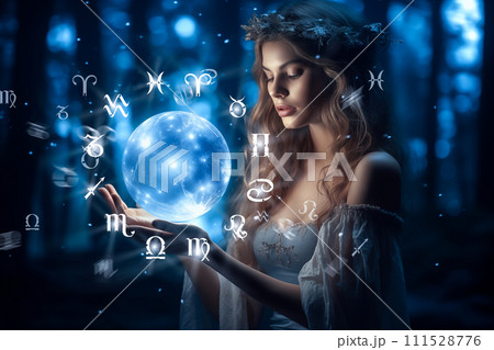 Beautiful girl on a night with a magic ball. Astrology and Zodiac Concept. Generative Ai. 111528776