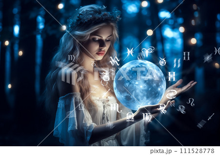 Beautiful girl on a night with a magic ball. Astrology and Zodiac Concept. Generative Ai. 111528778