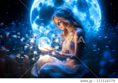Beautiful girl on a night with a magic ball. Astrology and Zodiac Concept. Generative Ai. 111528779