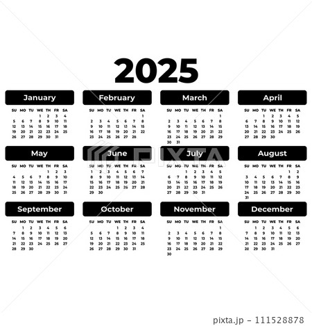 Vector horizontal calendar for 2025 year. Large bold font. Isolated. Template for planner 111528878