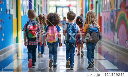 AI-generated content. school students walk down the school corridor together 111529253
