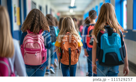 AI-generated content. school students walk down the school corridor together 111529257