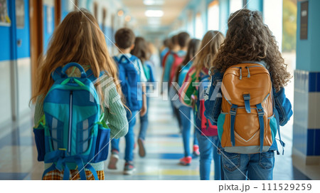AI-generated content. school students walk down the school corridor together 111529259