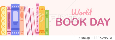 Horizontal banner for world book day celebration. Flat cartoon illustration of book and flowers. 111529518