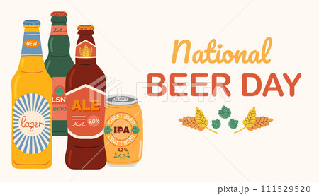 Banner for National Beer Day. Beer day celebration template. Background with various beer bottles. Holiday concept. 111529520