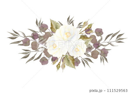 Watercolor roses and eucalyptus greenery. Delicate vintage roses, frame, wreath, bouquet. 111529563