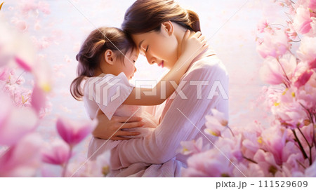 赤ちゃんを抱く母親、子どもと日本人女性、花の背景 111529609