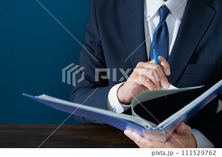 ファイルをチェックするビジネスマンの手元 ファイルをチェックするビジネスマンの手元 111529762