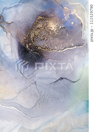 Blue and gold alcohol ink. Abstract painting, trendy background for wallpapers, websites. Blue and gold alcohol ink. Abstract painting, trendy background for wallpapers, websites. 111529790