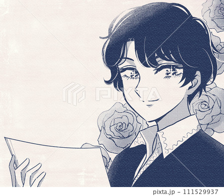 答案用紙を持って笑う、イケメン学生のレトロ漫画イラスト 111529937
