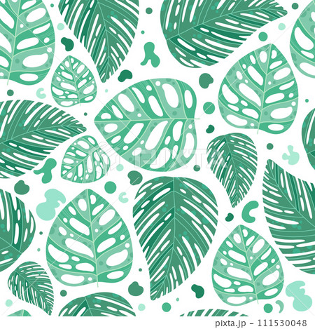 Seamless tropical pattern. Lacy pattern of palm trees on white background. Papercut pattern with palm leaves and monstera 111530048