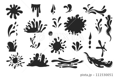 Black water splashes. Abstract wet splatter drops for tattoo design, river wave ripple stain splash simple marine environment doodle. Vector isolated set. Different dirt or ink shape 111530051