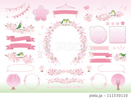 桜のフレームと枝にとまるメジロのイラスト(文字なし) 111530110