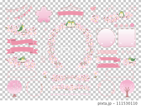 桜のフレームと枝にとまるメジロのイラスト(文字なし) 111530110