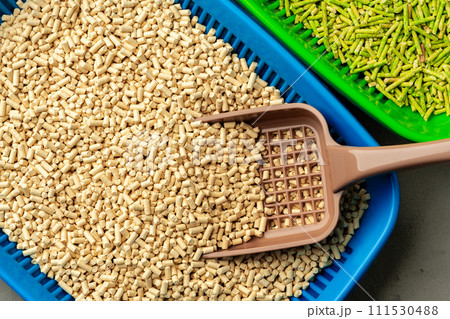 Pet litter tray with wooden filler on gray background 111530488