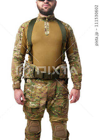 Soldier wearing military uniform close up photo 111530602