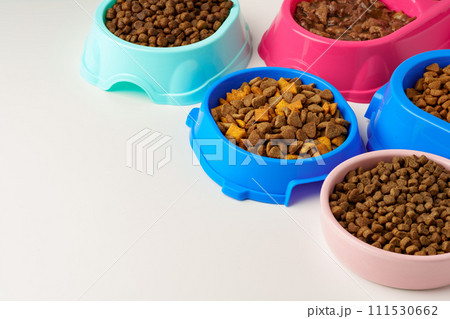 Plastic pet bowls with food isolated on white background 111530662