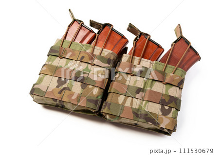Military pouch with bullet magazines inside isolated on white background 111530679