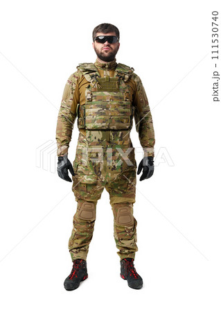 Male soldier in military ammunition isolated on white background 111530740