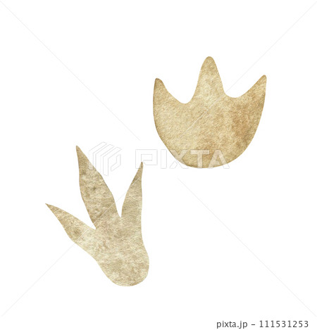 Set of watercolor illustrations with stylized cartoon dinosaur footprints on the ground Set of watercolor illustrations with stylized cartoon dinosaur footprints on the ground 111531253