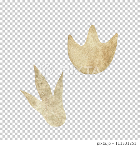 Set of watercolor illustrations with stylized cartoon dinosaur footprints on the ground Set of watercolor illustrations with stylized cartoon dinosaur footprints on the ground 111531253