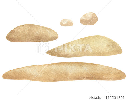 Watercolor illustration of stylized cartoon abstract brown and beige sand, stones, hill. Scenic brush texture stains, isolated Watercolor illustration of stylized cartoon abstract brown and beige sand, stones, hill. Scenic brush texture stains, isolated 111531261
