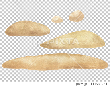 Watercolor illustration of stylized cartoon abstract brown and beige sand, stones, hill. Scenic brush texture stains, isolated Watercolor illustration of stylized cartoon abstract brown and beige sand, stones, hill. Scenic brush texture stains, isolated 111531261