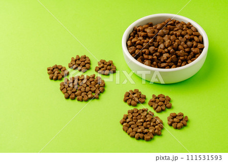 Pet bowl with dry food on green background studio shot 111531593