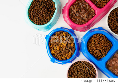 Plastic pet bowls with food isolated on white background 111531803