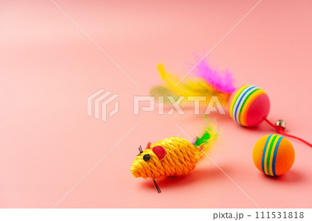 Pet toys on pink background studio shot Pet toys on pink background studio shot 111531818
